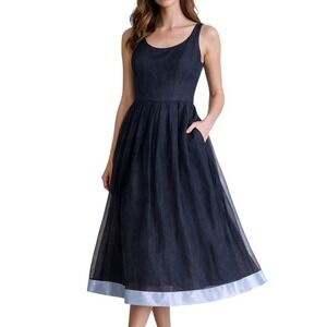 Geary Roark Linen Silk Midi Dress Navy A-Line 8 Vintage Wedding Event Classic